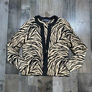 Jones New York Cardigan Sweater Womens PM Petites Beige Animal Print Long Sleeve